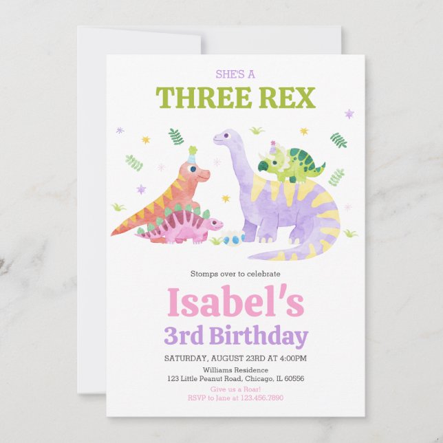 Convites She's a Three rex Trex Dinosaur Birthday (Frente)