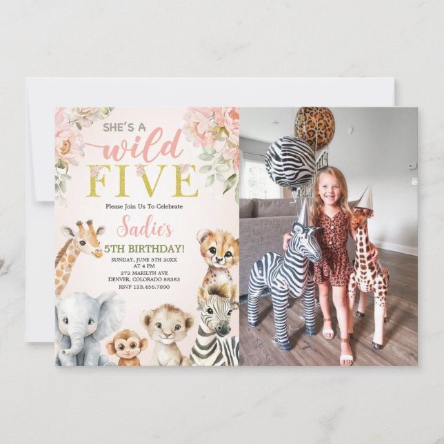 Convites She's a Wild Five Floral Safari Birthday Photo (Frente)