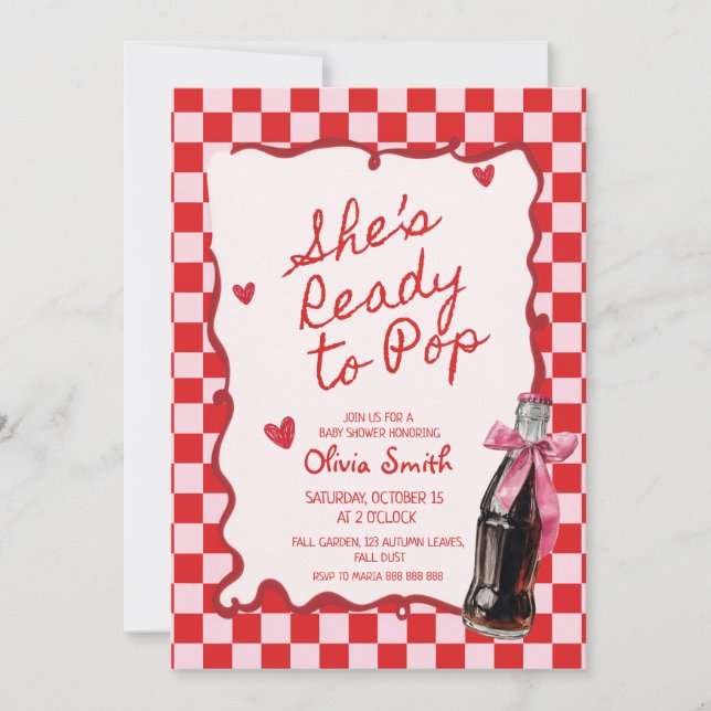 Convites  She's Ready to Pop Soda pink & red Baby Shower  (Frente)