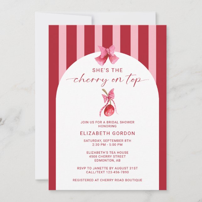 Convites She's the Cherry on Top Bridal Shower QR Registry (Frente)