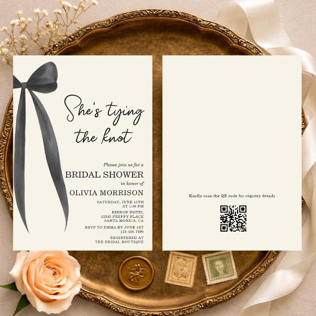 Convites She's Tying the Knot Bow QR Code Bridal Shower (Criador carregado)