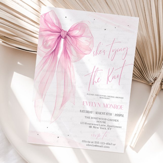Convites She's tying the knot Bridal shower Bow pink (She's tying the knot Bridal shower invitation Editable Bachelorette Party Invite Bow Modern Brunch P)