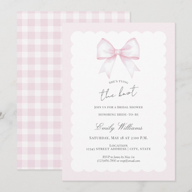 Convites She's Tying The Knot Pink Blush Bow Bridal Shower (Frente/Verso)