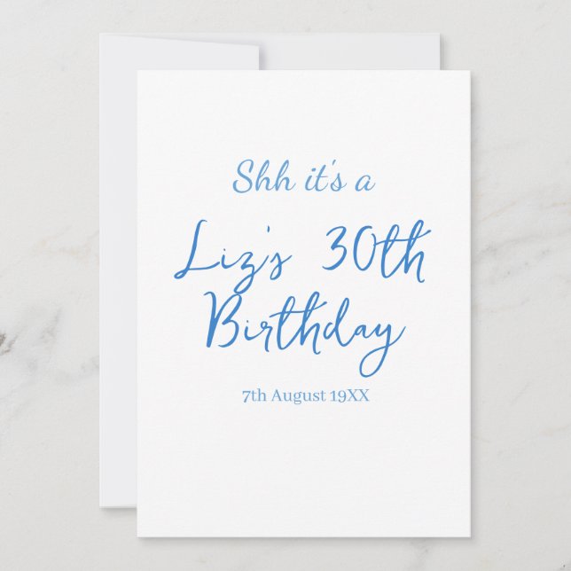 Convites shh é um aniversário de 30 anos nome data azul sim (Frente)