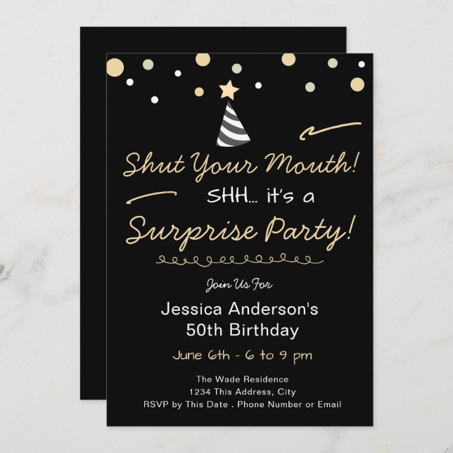 Convites Shh Surprise Birthday Party (Frente/Verso)