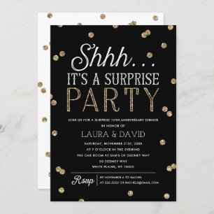 Convites Shh Surprise Party Faux Dourado Glitter Confetti