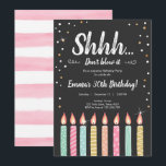 Convites Shhh é uma festa de aniversário Dourado dos<br><div class="desc">Convite pastel macio do ★ A para sua festa de aniversário perfeita da surpresa! As cores pastel, o ouro, os confetes e as velas bonitos couberam todo o estilo do partido! O ★ se você precisa que coordena ARTIGOS de HARMONIZAÇÃO, verifica por favor nossa coleção de harmonização ou compra. Você...</div>