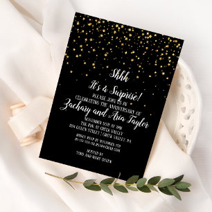 Convites Shhh É uma Surpresa Confete Dourado em Preto Festa