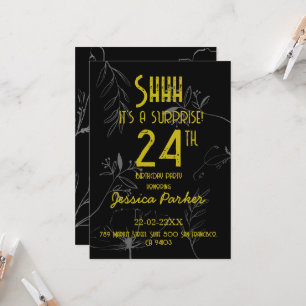 Convites Shhh É uma Surpresa de Aniversário Preto e Dourado