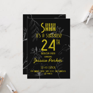 Convites Shhh É uma Surpresa de Aniversário Preto e Dourado