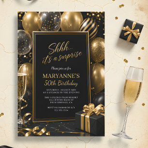 Convites Shhh É uma Surpresa Preto Ouro 50º Aniversário