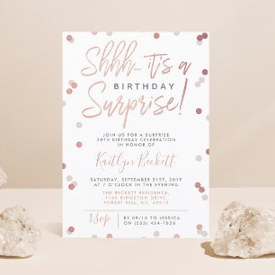 Convites Shhh... Surpresa Aniversário Rosa Gold Foil Confe