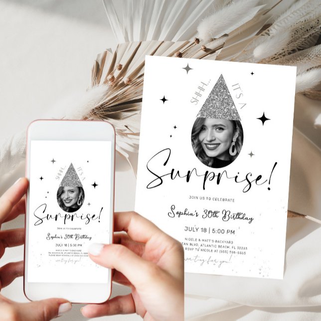 Convites Shhhh Surprise Birthday Invitation with Photo (Criador carregado)