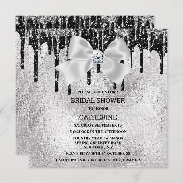 Convites Shimmer de losango preto de prata acende luxuosa (Frente/Verso)