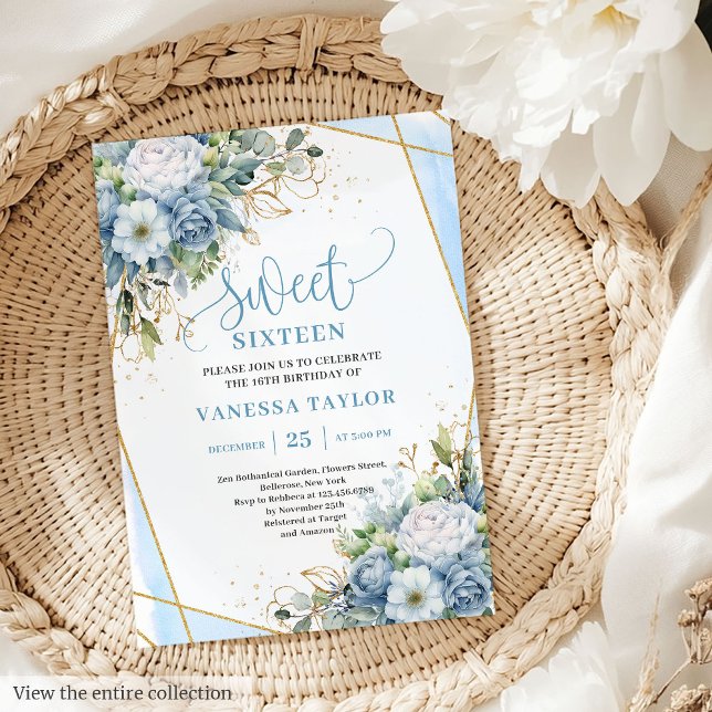 Convites Shimmer Dusty Brancos Brancos Doce 16 Convidados (Shimmer Dusty Blue White Peonies Sweet 16 Invitation)