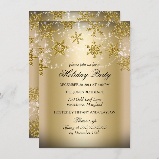 Convites Shimmer Snowflake Festa de Natal Dourada (Frente/Verso)