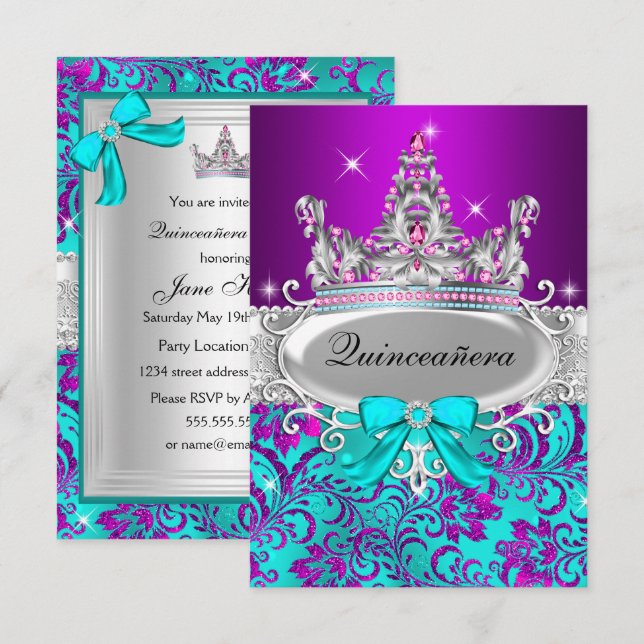 Convites Shimmer Tiara Quinceanera, Teal Roxo (Frente/Verso)