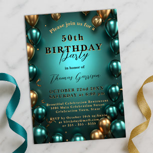 Convites Shimmering Teal e Dourados Balões 50º Aniversário