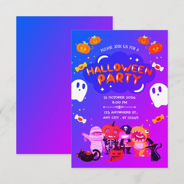 Convites Shivers & Shenanigans: Um Halloween Roxo e Azul (Frente/Verso)