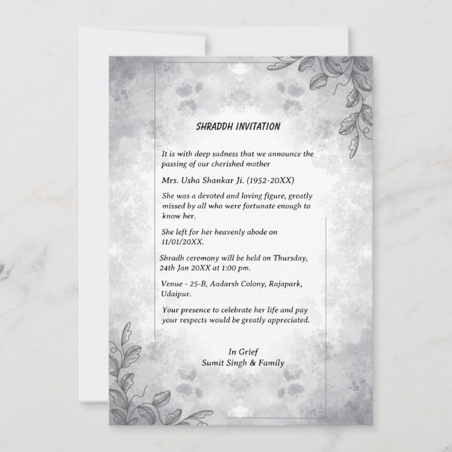 Convites Shok Sandesh Hindu Shraddh (Frente)