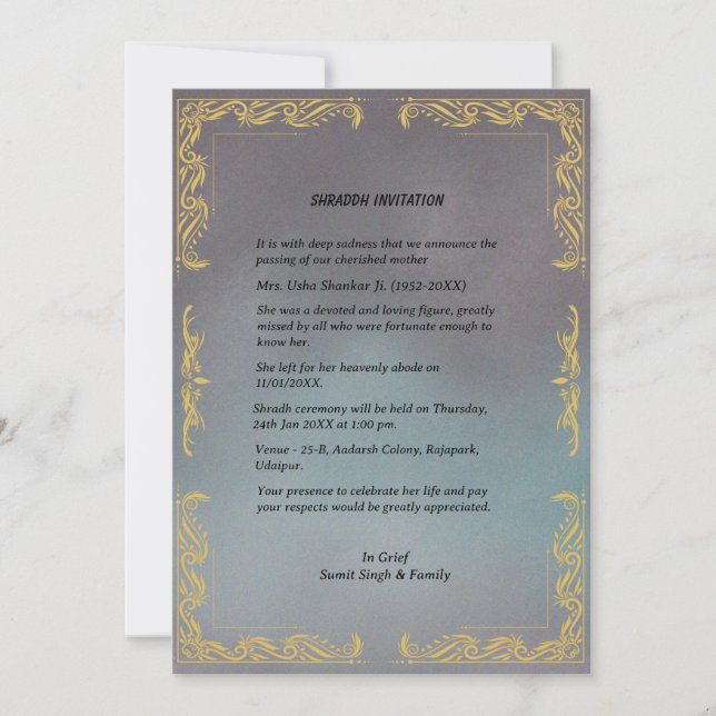 Convites Shok Sandesh Hindu Shraddh (Frente)