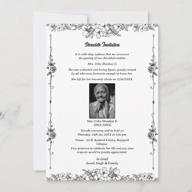 Convites Shok Sandesh Hindu Shraddh (Frente)