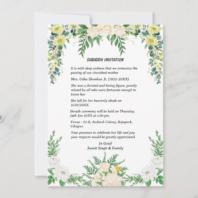 Convites Shok Sandesh Hindu Shraddh (Frente)