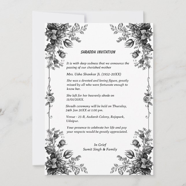 Convites Shok Sandesh Hindu Shraddh (Frente)