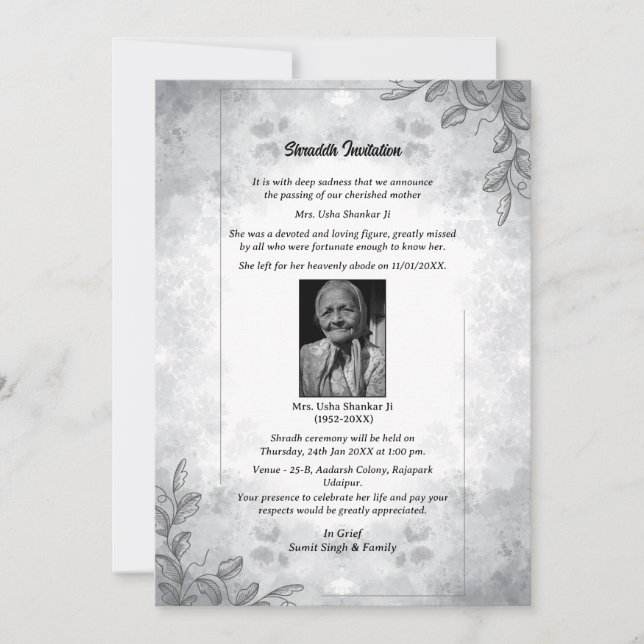 Convites Shok Sandesh Hindu Shraddh (Frente)