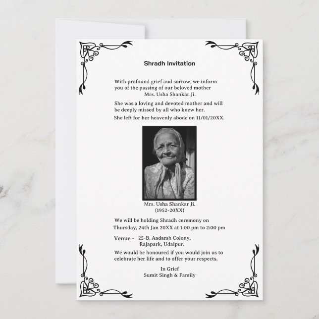 Convites Shok Sandesh Hindu Shraddh (Frente)