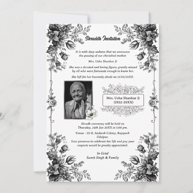 Convites Shok Sandesh Hindu Shraddh (Frente)