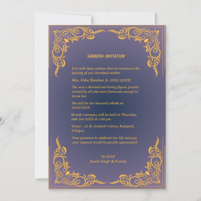 Convites Shok Sandesh Hindu Shraddh (Frente)