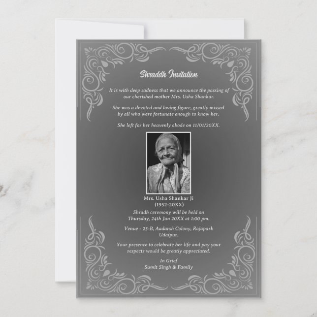 Convites Shok Sandesh Hindu Shraddh (Frente)