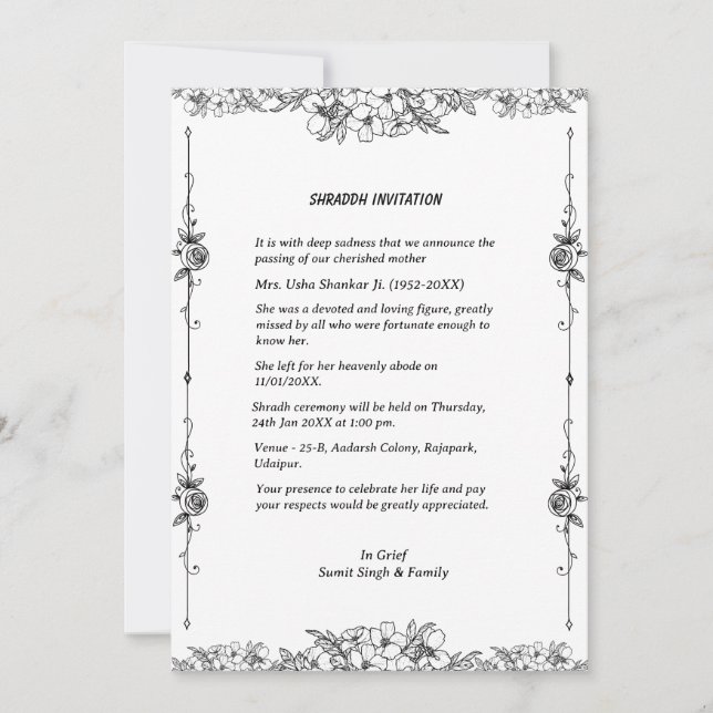 Convites Shok Sandesh Hindu Shraddh (Frente)