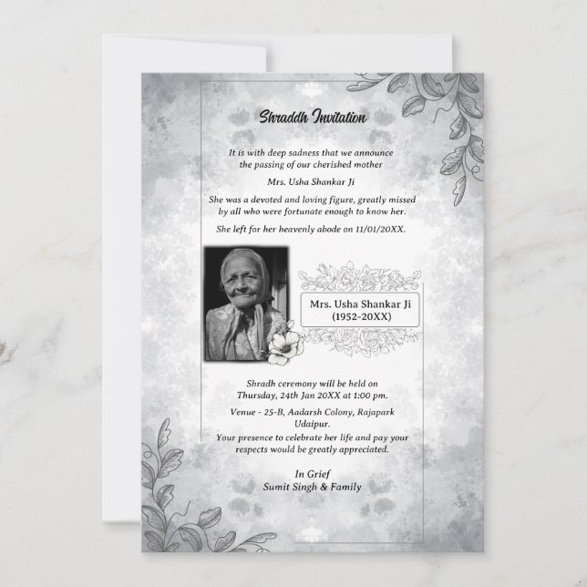 Convites Shok Sandesh Hindu Shraddh (Frente)