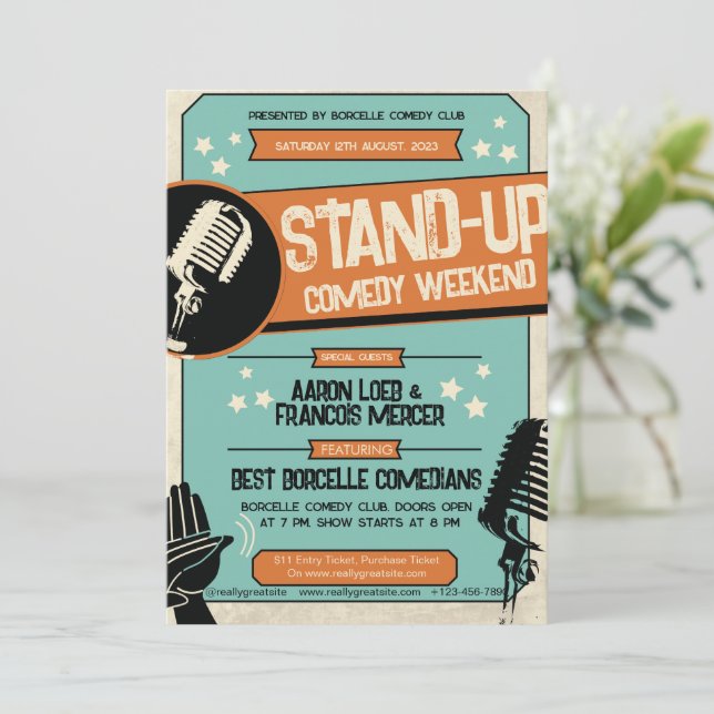 Convites Show de Comédia Stand Up Retro Vintage Grunge (Em pé/Frente)