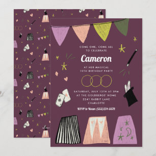 Convites Show de Mágica Roxo para Aniversário de Crianças