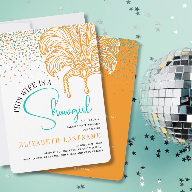 Convites Showgirl Node Era Orange Teal Festa de solteira (Showgirl Bride Era Orange Teal Bachelorette Party Invitation)