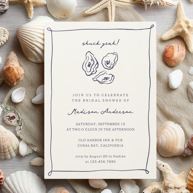 Convites Shuck Sim Oysters Chá de panela Azul Náutico (Casual ocean themed bridal shower invitation with doodle style oysters illustration and "shuck yeah")