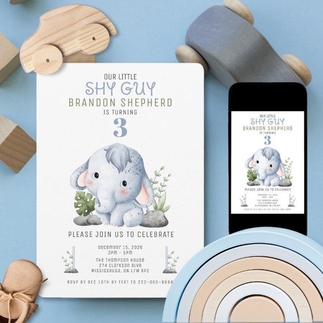 Convites Shy Guy Elephant Birthday Invitation (Baby Elephant theme birthday invitation)
