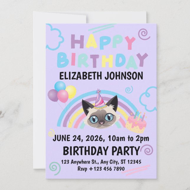 Convites Siamese Cat Birthday Invitation in Purple (Frente)