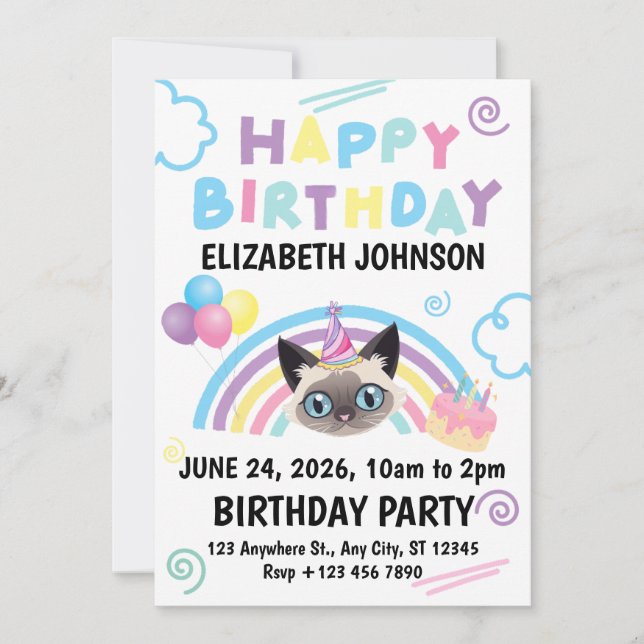 Convites Siamese Cat Birthday Invitation in White (Frente)