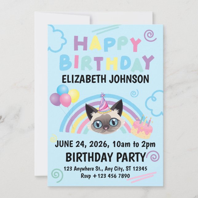 Convites Siamese Cat Birthday Party Invitation Blue (Frente)