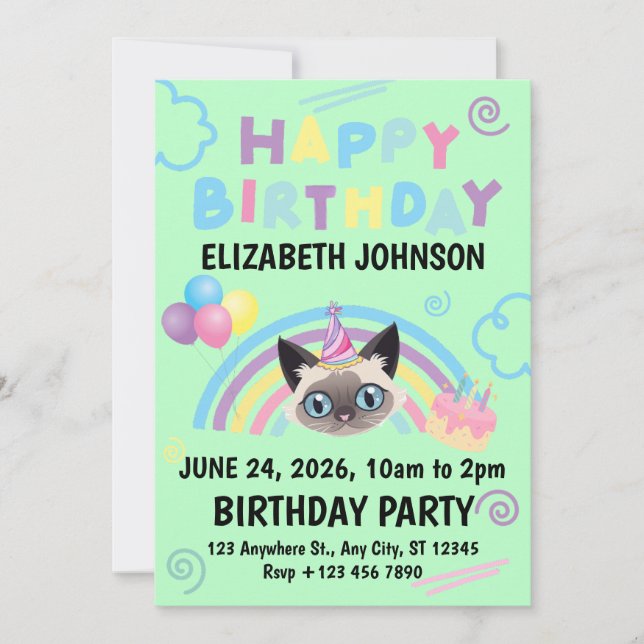 Convites Siamese Cat Birthday Party Invitation Green (Frente)