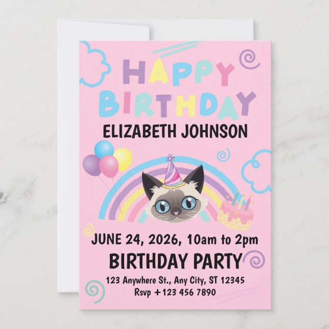 Convites Siamese Cat Birthday Party Invitation Pink (Frente)