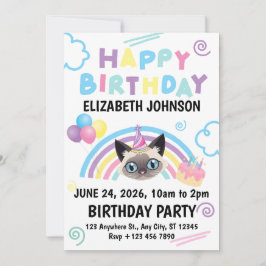Convites Siamese Cat Birthday Party Invitation White