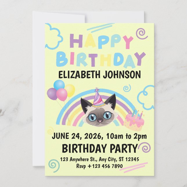 Convites Siamese Cat Birthday Party Invitation Yellow (Frente)