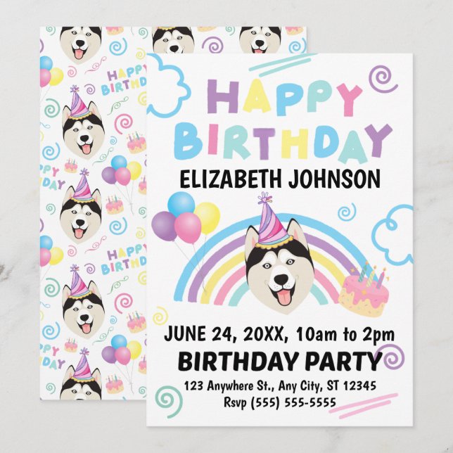 Convites Siberian Husky Birthday Invitation (Frente/Verso)