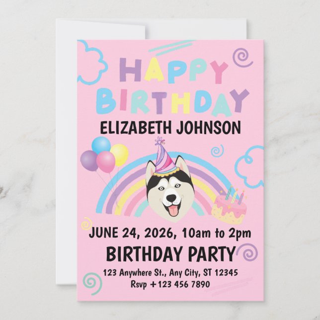 Convites Siberian Husky Birthday Party Invitation Pink (Frente)