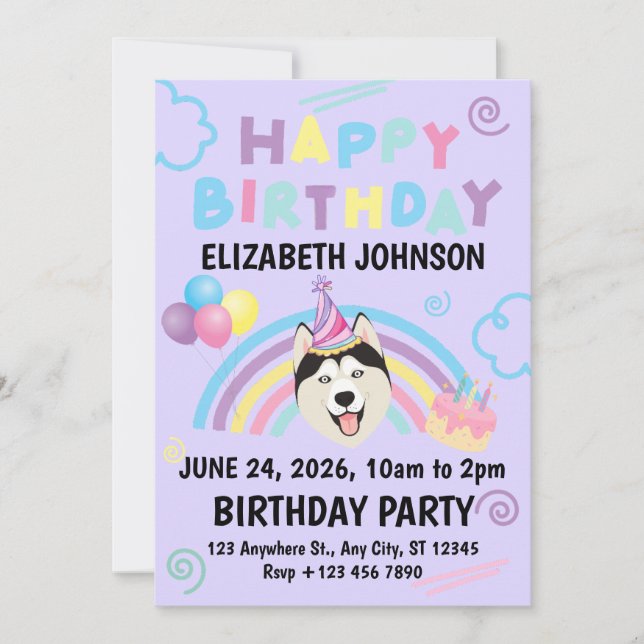 Convites Siberian Husky Birthday Party Invitation Purple (Frente)
